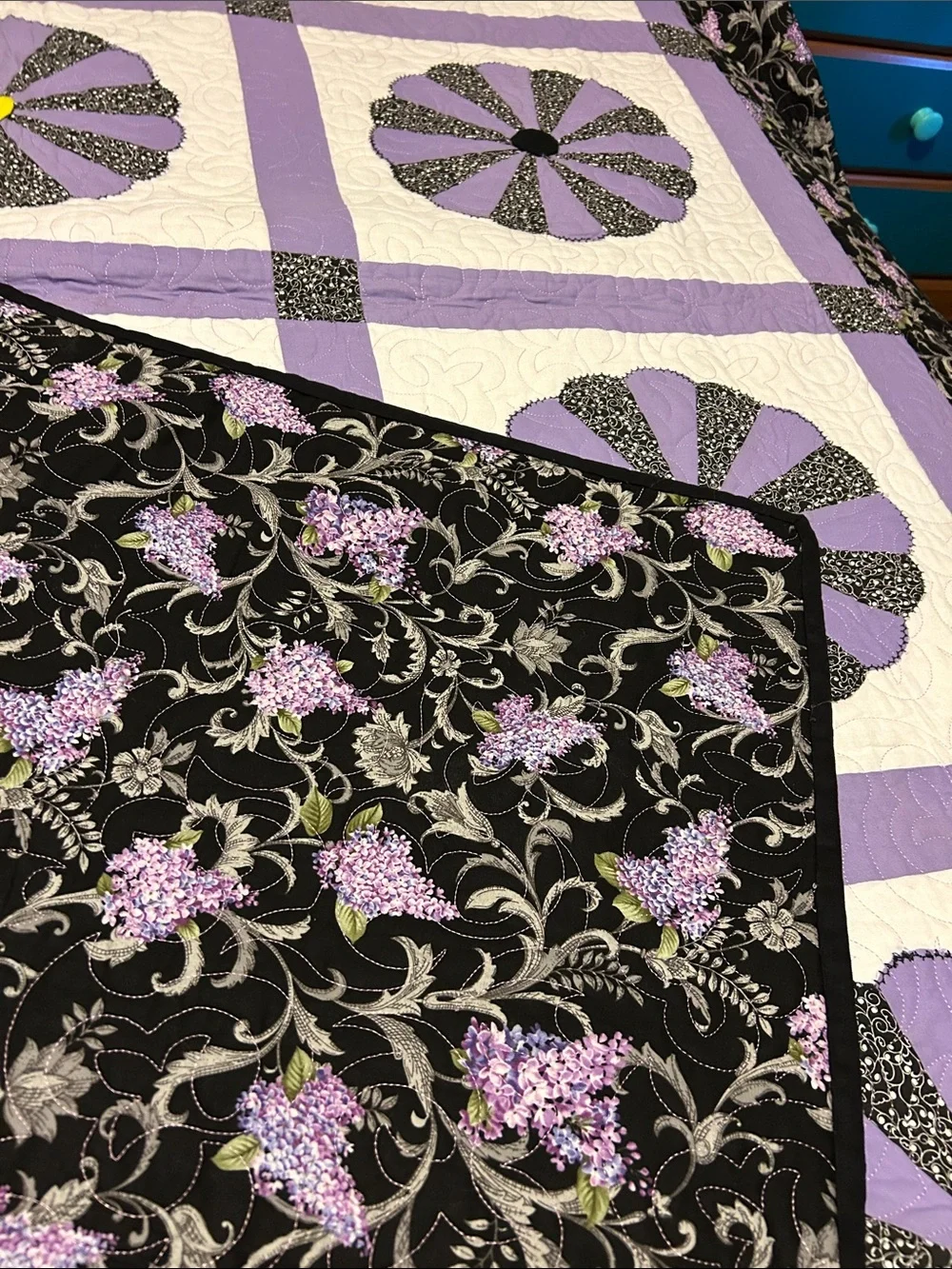 ONE OF A KIND- HANDCRAFTED Floral Quilt in Black, Lavender and Random Yellow